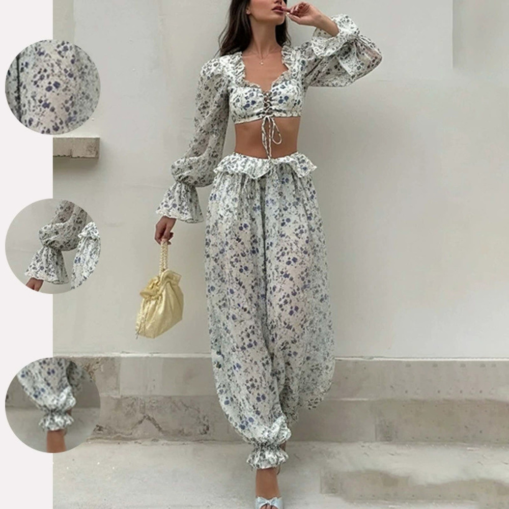ZARA Fashion Casual Two Piece Set Sexy Long Sleeve Floral Crop Top Pants